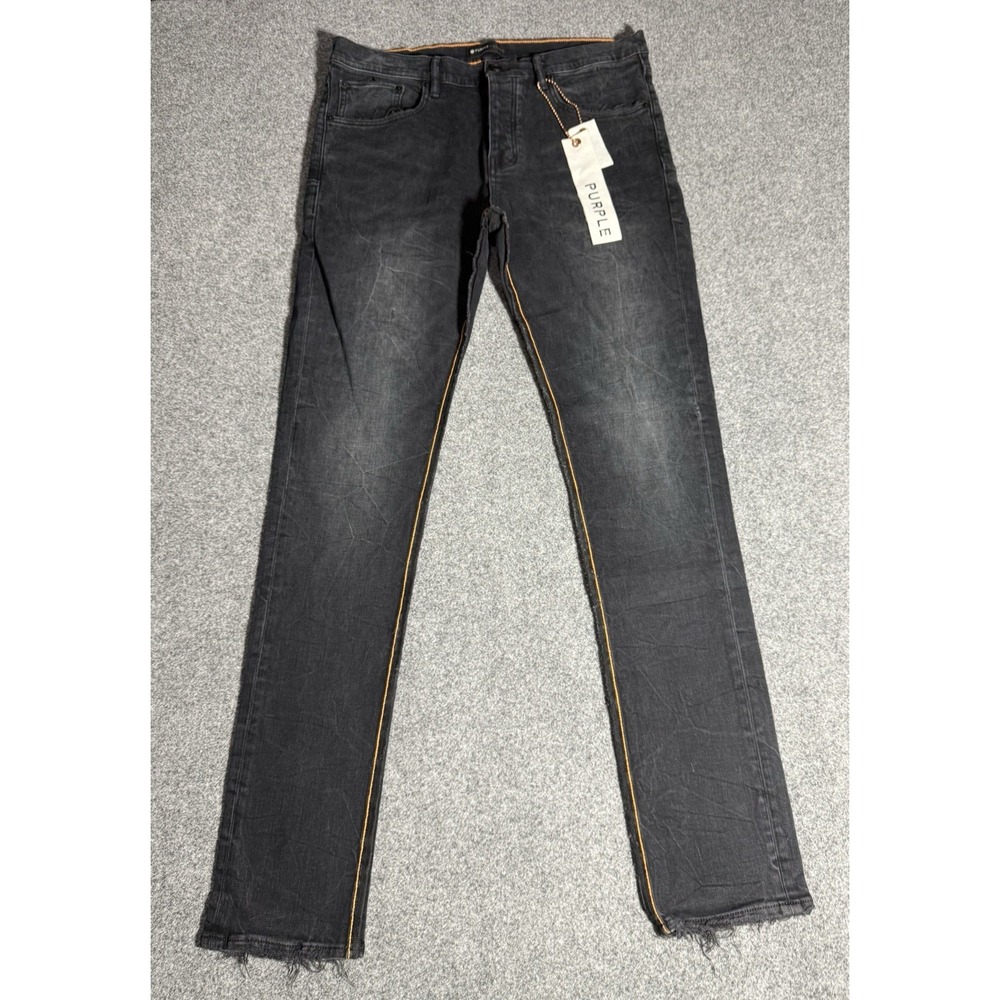 Purple Brand Black Jeans P001 Low Rise Slim Fit Size‎ 34X33.5 Orange Side Stripe